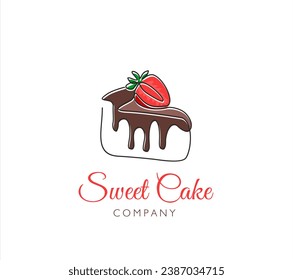 Continuous line drawing of a piece of cake with strawberry. Sweet cake. Vector black line illustration on a white background.