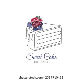 Dibujo continuo de un trozo de tarta con fresa. Pastel dulce. Ilustración de línea negra vectorial en un fondo blanco.