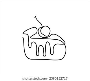 Continuous line drawing of a piece of cake with cherry. Sweet cake. Vector black line illustration on a white background.