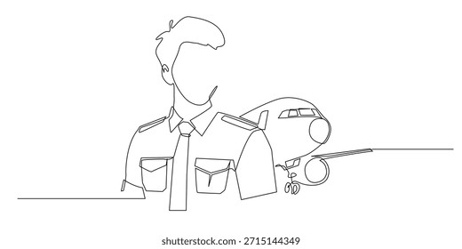 Desenho de linha contínuo de um piloto de pé ao lado de um avião simbolizando o profissionalismo da aviação e a viagem. Ilustração de linha única adequada para a indústria de voo e temas de transporte.
