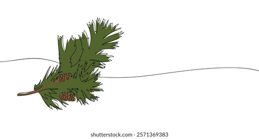 Continuous line drawing of pine branches with cones on a white background in color. Minimalist black and white vector illustration. Winter and Christmas decor for design and print.