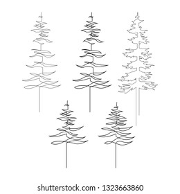 Continuous line drawing of pine. Fir-tree collection. Black isolated on white background. Hand drawn christmas tree set. Vector illustration