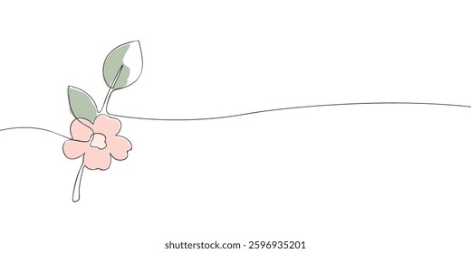Continuous line drawing of a pink flower with two green leaves, combining minimalism and elegance for modern designs and decor.  
