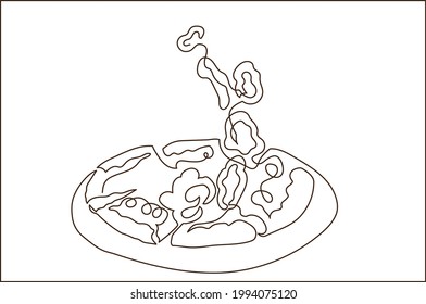 Continuous line drawing of pizza. Cooking. Flying components. Fast food concept, menu, signboard.