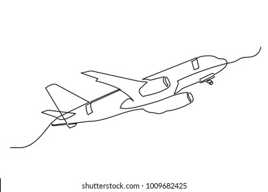 Continuous line drawing  The plane flies from left to right  Drawing from the hands black thin line white background 