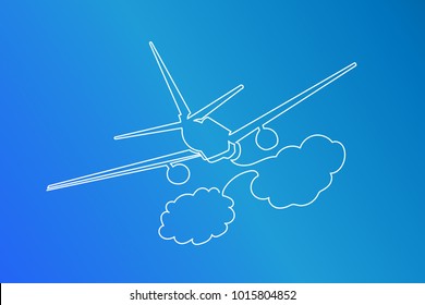 Continuous line drawing. The plane flies directly over the clouds to the sunset. Drawing from the hands on a blue background.