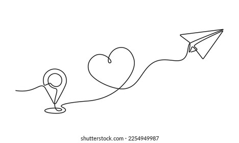 continuous line drawing of plane paper vector illustration. love paper airplane concept and location pin. route directions and paper airplane locations bring love.