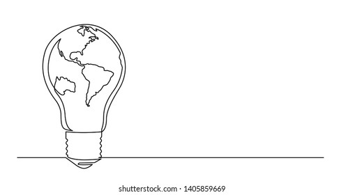 continuous line drawing of planet earth as a light bulb