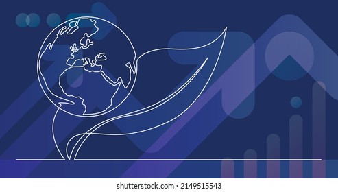 continuous line drawing of planet earth and tree leaf