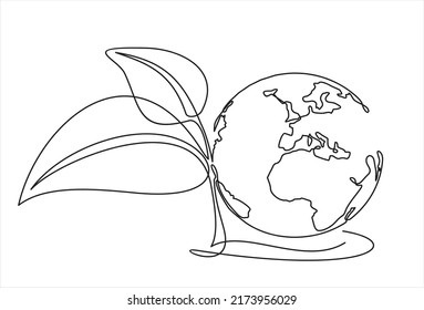 continuous line drawing of planet earth and tree leaf