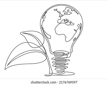 continuous line drawing of planet earth as a light bulb and growing sprout. planet Earth seedling eco natural concept design sketch drawing vector illustration art