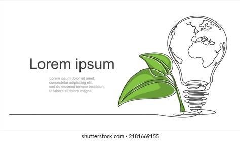 continuous line drawing of planet earth as  light bulb and growing sprout. planet Earth seedling eco natural concept.Illustration with quote template. Can used for logo, emblem, slide show and banner.