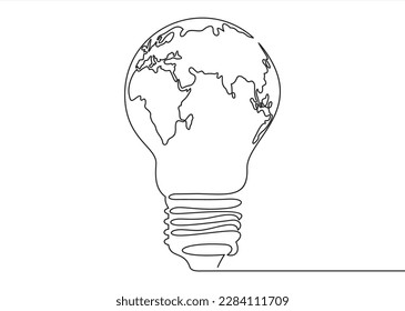 continuous line drawing of planet earth as light bulb. planet Earth seedling eco natural concept.Illustration with quote template. Can used for logo, emblem, slide show and banner.