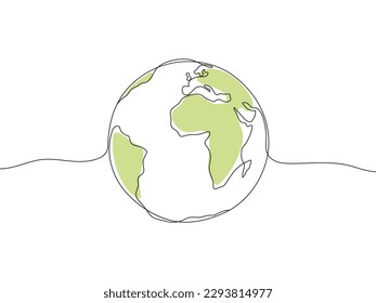 Continuous line drawing of planet Earth. Minimalist black linear sketch isolated on white background.