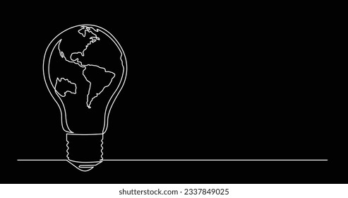 continuous line drawing of planet earth as a light bulb