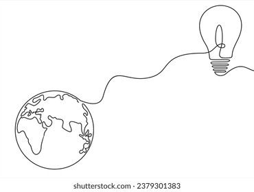 continuous line drawing of planet earth as a light bulb	
