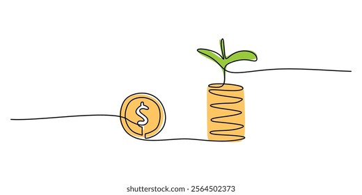 Continuous line drawing of a plant emerging from a stack of coins, symbolizing financial growth and sustainability. Vector illustration hand drawn.