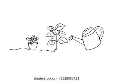Continuous line drawing of plant growth cycle from seedling to blooming with watering can