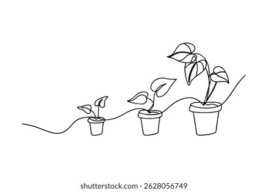 Continuous line drawing of plant growth stages showing development in a modern style