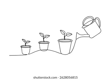 Continuous line drawing of plant growth stages in pots and watering can