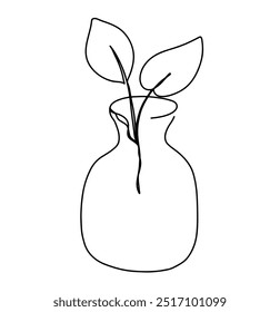 continuous line drawing of plant in pot isolated on transparent background. Vector illustration 