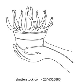 dibujo continuo de línea de protección fitosanitaria, olla de retención manual con plantas domésticas