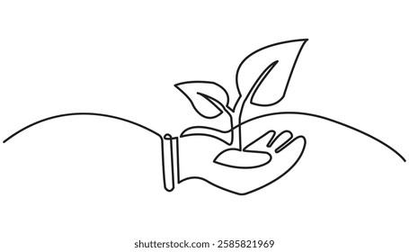 Continuous line drawing of a plant resting on a hand. Simple design for sustainability and environmental care themes.