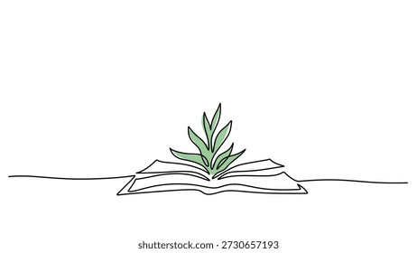 Desenho de linha contínua de broto de planta crescendo a partir de livro aberto. Crescimento educacional e conceito de sabedoria, ilustração vetorial minimalista.