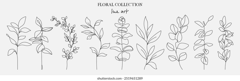 Continuous Line Drawing Of Plants Black Sketch of Leaves Branch Isolated on White Background. Flower with Leaves One Line Illustration. Minimalist Botanical Drawing. Vector	