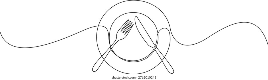 continuous line drawing of plate and cutlery, dinner or lunch symbol, line art vector illustration