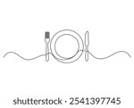 Continuous line drawing of plate with fork and knife. Single line drawing of a silhouette of a cutlery. Line art of plate with fork and knife. Vector illustration