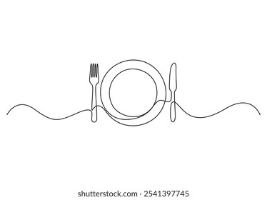 Continuous line drawing of plate with fork and knife. Single line drawing of a silhouette of a cutlery. Line art of plate with fork and knife. Vector illustration