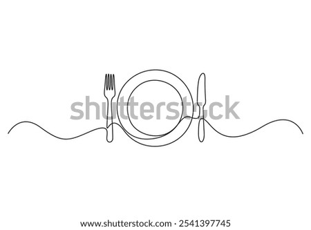 Continuous line drawing of plate with fork and knife. Single line drawing of a silhouette of a cutlery. Line art of plate with fork and knife. Vector illustration