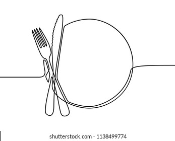 Continuous line drawing plate  khife   fork  Vector illustration 