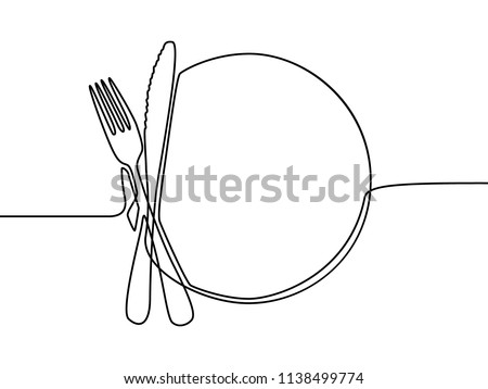 Continuous line drawing plate, khife and fork. Vector illustration. Stock photo © 