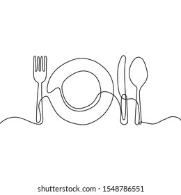 Continuous line drawing of plate, knife, and fork. Minimalism hand drawn one lineart minimalist vector illustration on white background. Dinner theme with creative symbol. EPS 10