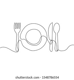 Continuous line drawing of plate, knife, and fork. Minimalism hand drawn one lineart minimalist vector illustration on white background. Dinner theme with creative symbol. EPS 10