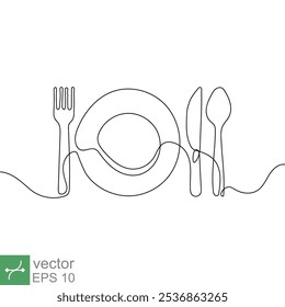 Continuous line drawing of plate, knife, and fork. Minimalism hand drawn one line art minimalist. Vector illustration isolated on white background. EPS 10.