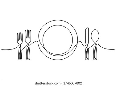 Continuous line drawing plate spoon knife and forks. Hand drawn dinnerware set made of one line for logo. Minimalistic linear design isolated on white background. Vector illustration