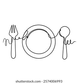 continuous line drawing plate spoon and fork