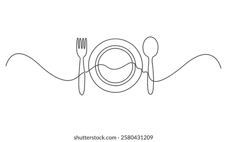 Continuous line drawing plate spoon knife and forks. Hand drawn dinnerware set made of one line for logo. Minimalistic linear design isolated on white vector illustration