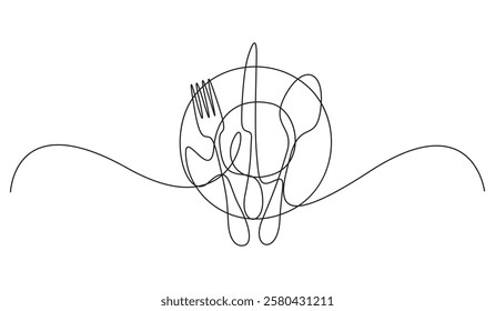 Continuous line drawing plate spoon knife and forks. Hand drawn dinnerware set made of one line for logo. Minimalistic linear design isolated on white vector illustration