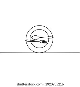 Continuous line drawing of plates, fork and spoon, object one line, simple art, vector illustration
