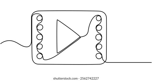 Continuous line drawing of play icon. Media, Video or music player button in linear style. One line drawing. Single line art. Vector illustration, Continuous Line Drawing of Video Player Icon.