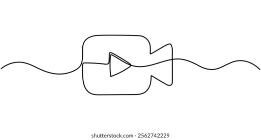 Continuous line drawing of play icon. Media, Video or music player button in linear style. One line drawing. Single line art. Vector illustration, Continuous Line Drawing of Video Player Icon.