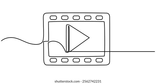 Continuous line drawing of play icon. Media, Video or music player button in linear style. One line drawing. Single line art. Vector illustration, Continuous Line Drawing of Video Player Icon.