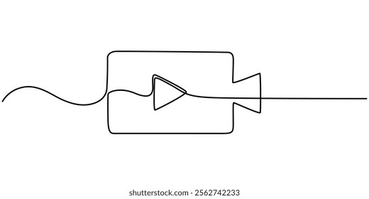 Continuous line drawing of play icon. Media, Video or music player button in linear style. One line drawing. Single line art. Vector illustration, Continuous Line Drawing of Video Player Icon.