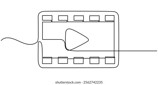 Continuous line drawing of play icon. Media, Video or music player button in linear style. One line drawing. Single line art. Vector illustration, Continuous Line Drawing of Video Player Icon.