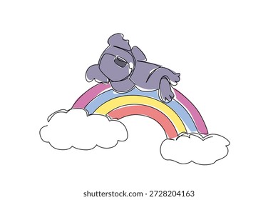 Dibujo continuo de la línea del animal adorable juguetón del koala que duerme supino en arco iris con las nubes esponjosas suaves blancas, concepto de la naturaleza. Tema del Día Internacional de la Felicidad, linda ilustración de arte de vivero
