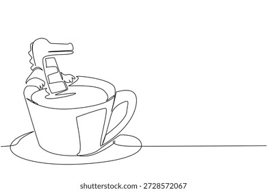 Kontinuierliche Linienzeichnung von verspielten Krokodil zeigt niedliche Tier Einweichen in Kaffeetasse für Naturkonzept. Einzigartiges Design mit dem Sumpfreptil für ein internationales Reptilientag-Thema in der Kunst